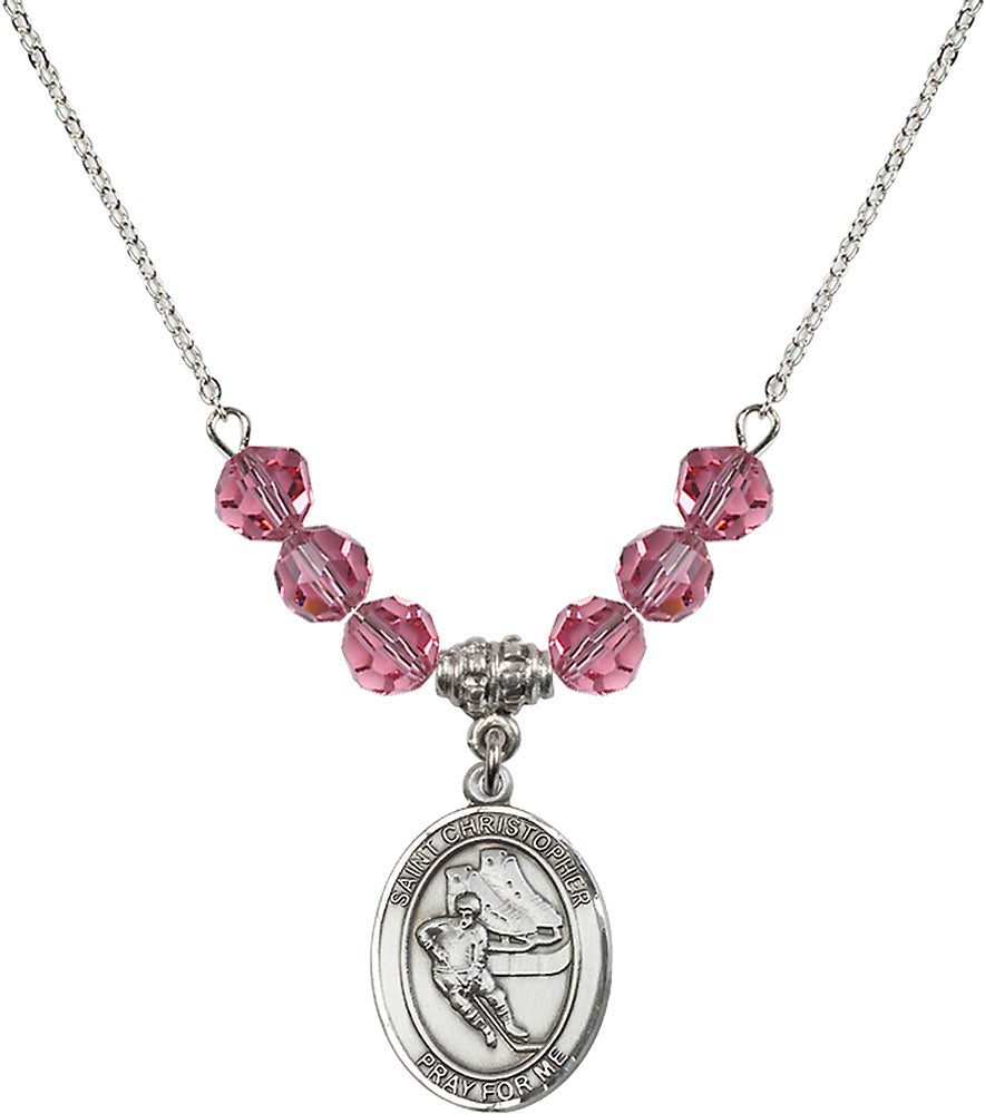 Sterling Silver Saint Christopher/Hockey Birthstone Necklace with Rose Beads - 8504