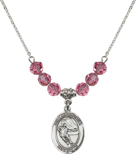 Sterling Silver Saint Christopher/Hockey Birthstone Necklace with Rose Beads - 8504