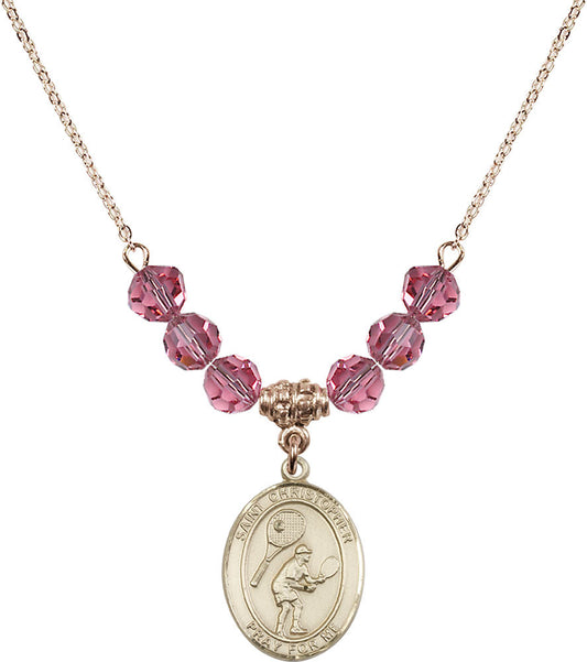 14kt Gold Filled Saint Christopher/Tennis Birthstone Necklace with Rose Beads - 8505
