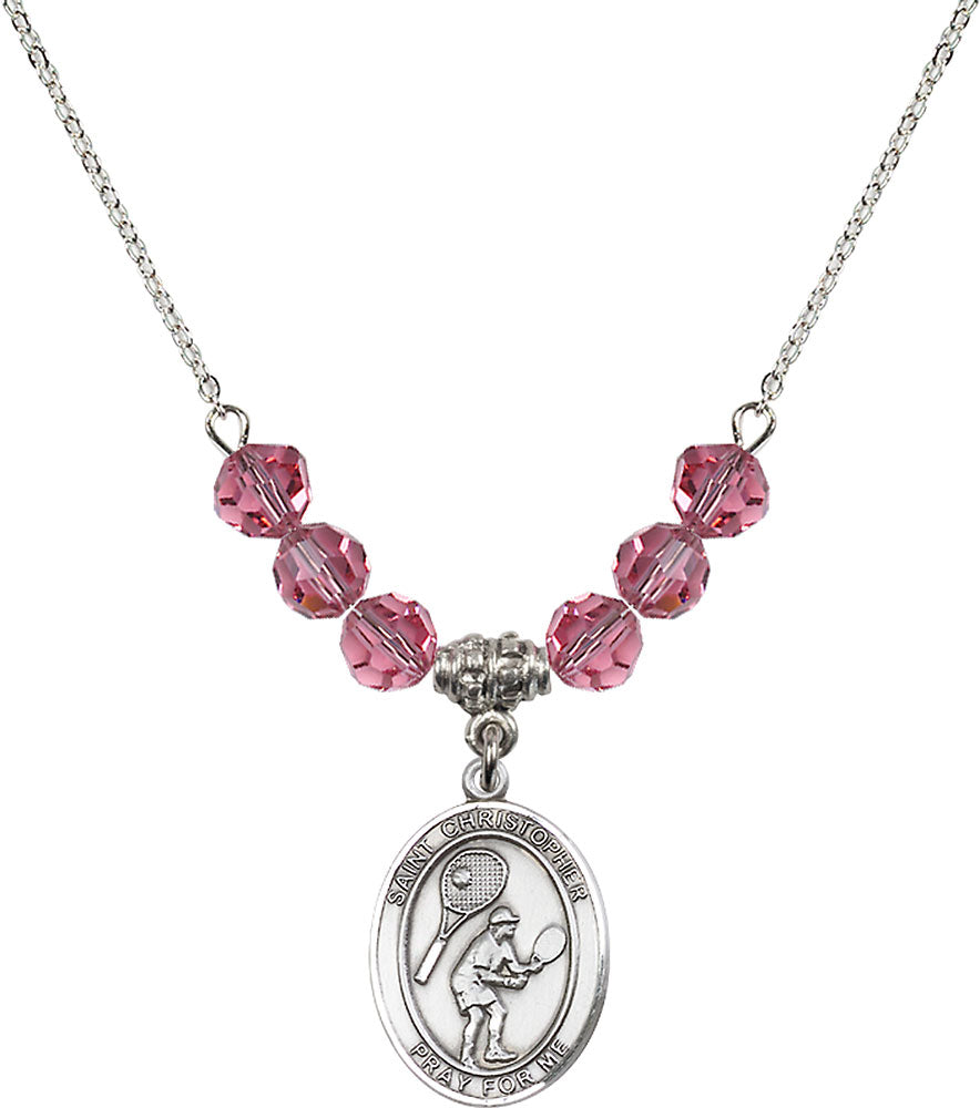 Sterling Silver Saint Christopher/Tennis Birthstone Necklace with Rose Beads - 8505