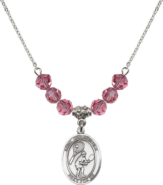 Sterling Silver Saint Christopher/Tennis Birthstone Necklace with Rose Beads - 8505
