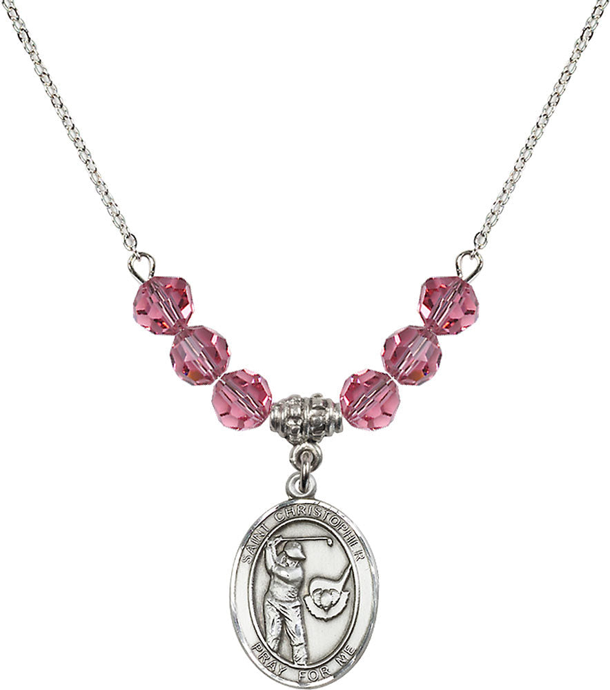 Sterling Silver Saint Christopher/Golf Birthstone Necklace with Rose Beads - 8506