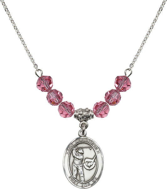 Sterling Silver Saint Christopher/Golf Birthstone Necklace with Rose Beads - 8506