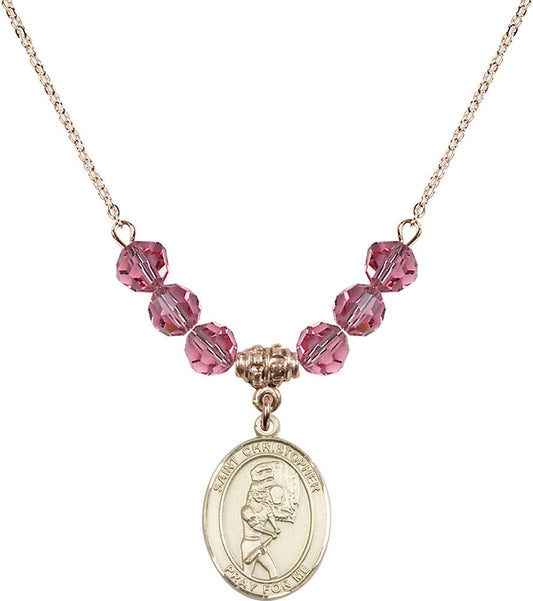 14kt Gold Filled Saint Christopher/Softball Birthstone Necklace with Rose Beads - 8507