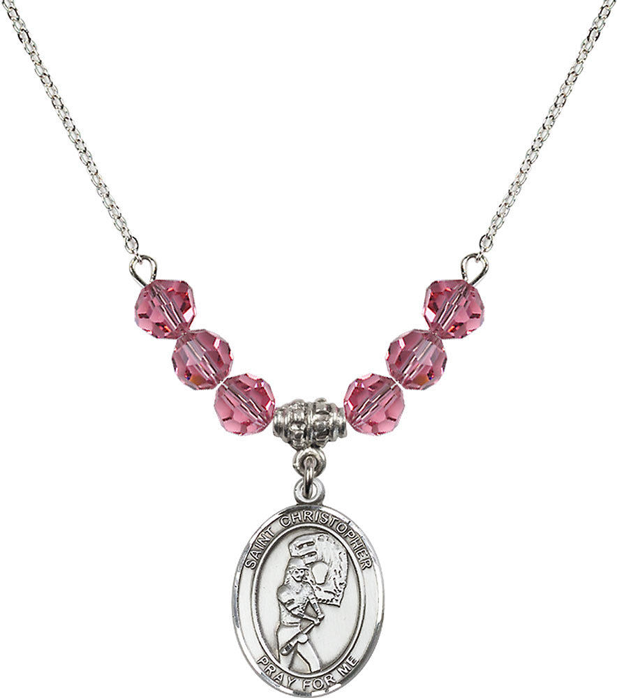 Sterling Silver Saint Christopher/Softball Birthstone Necklace with Rose Beads - 8507