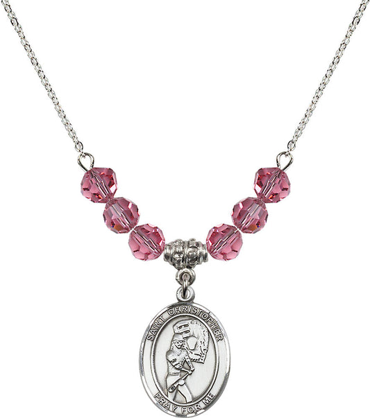 Sterling Silver Saint Christopher/Softball Birthstone Necklace with Rose Beads - 8507