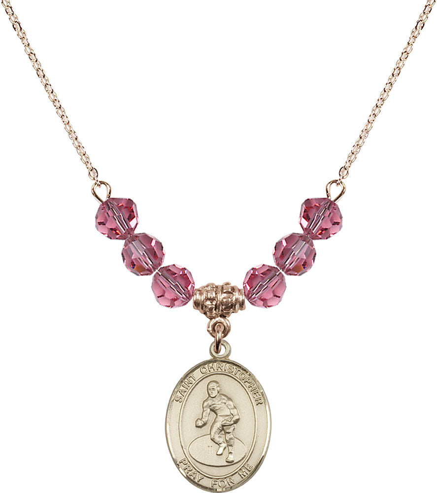 14kt Gold Filled Saint Christopher/Wrestling Birthstone Necklace with Rose Beads - 8508