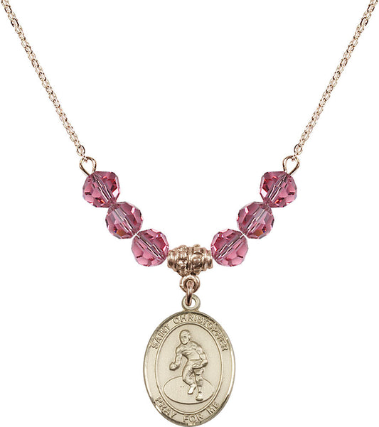 14kt Gold Filled Saint Christopher/Wrestling Birthstone Necklace with Rose Beads - 8508