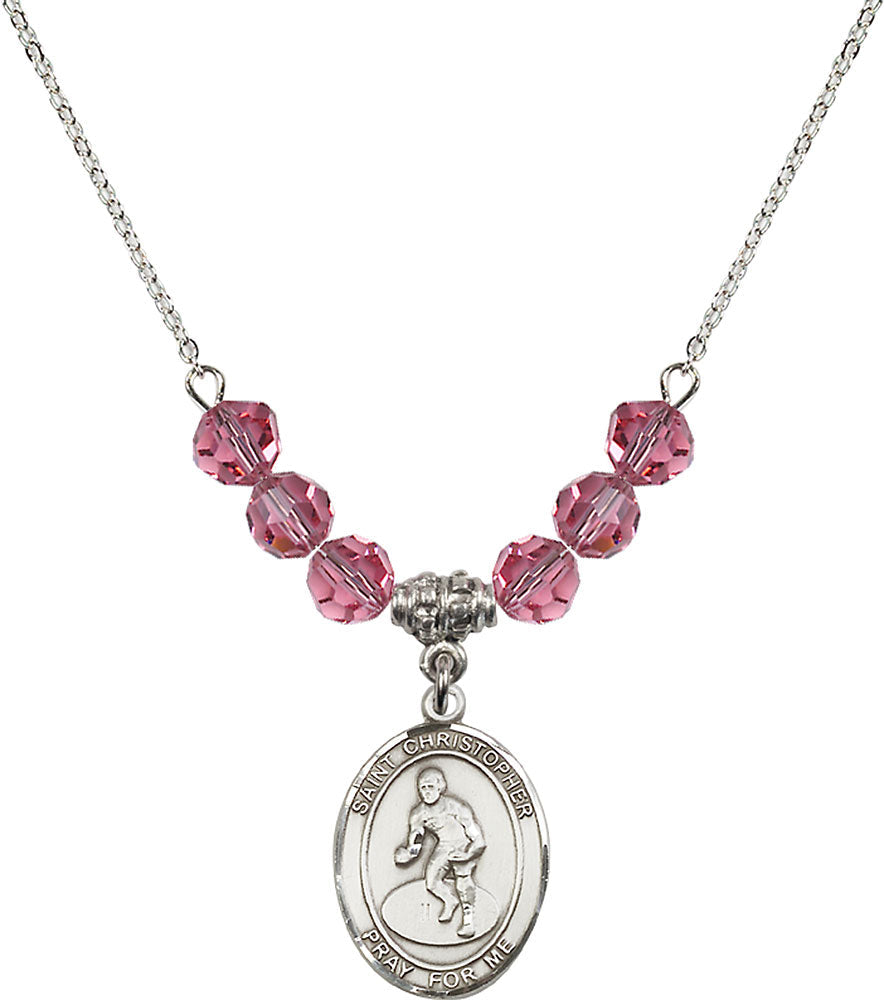 Sterling Silver Saint Christopher/Wrestling Birthstone Necklace with Rose Beads - 8508