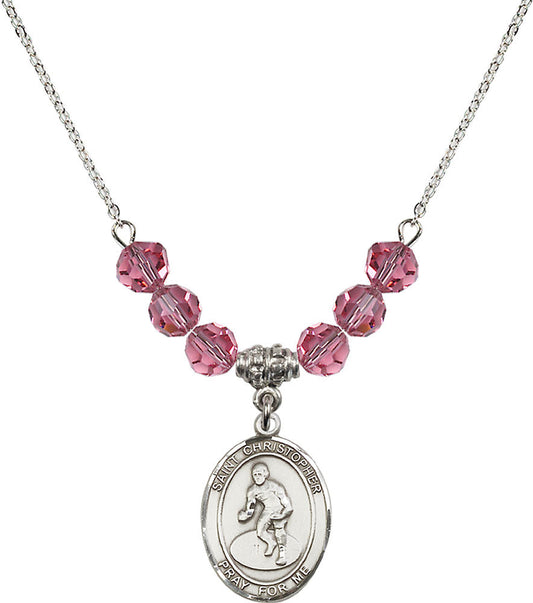 Sterling Silver Saint Christopher/Wrestling Birthstone Necklace with Rose Beads - 8508
