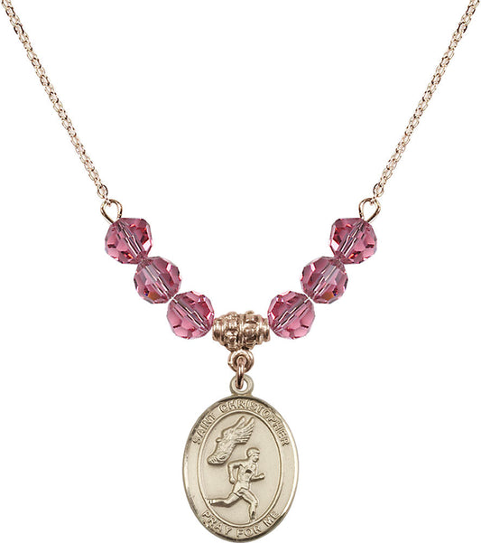 14kt Gold Filled Saint Christopher/Track&Field-Men Birthstone Necklace with Rose Beads - 8509