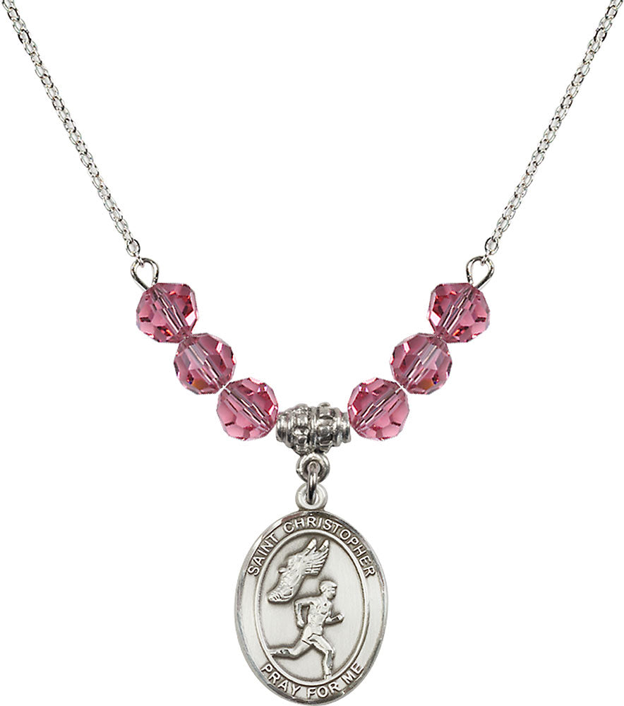 Sterling Silver Saint Christopher/Track&Field-Men Birthstone Necklace with Rose Beads - 8509