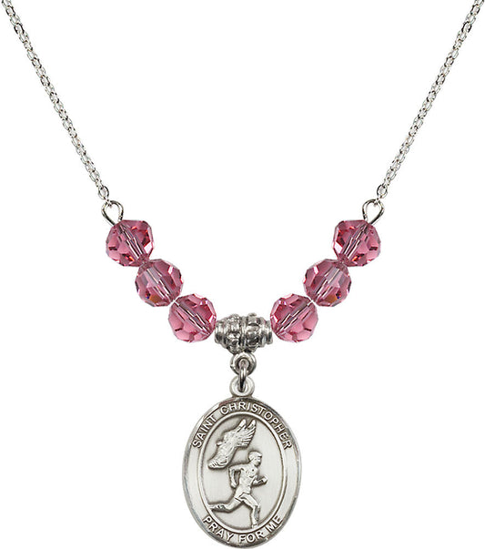 Sterling Silver Saint Christopher/Track&Field-Men Birthstone Necklace with Rose Beads - 8509