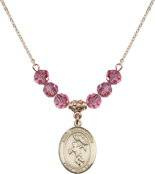 14kt Gold Filled Saint Christopher/Track&Field-Women Birthstone Necklace with Rose Beads - 8510