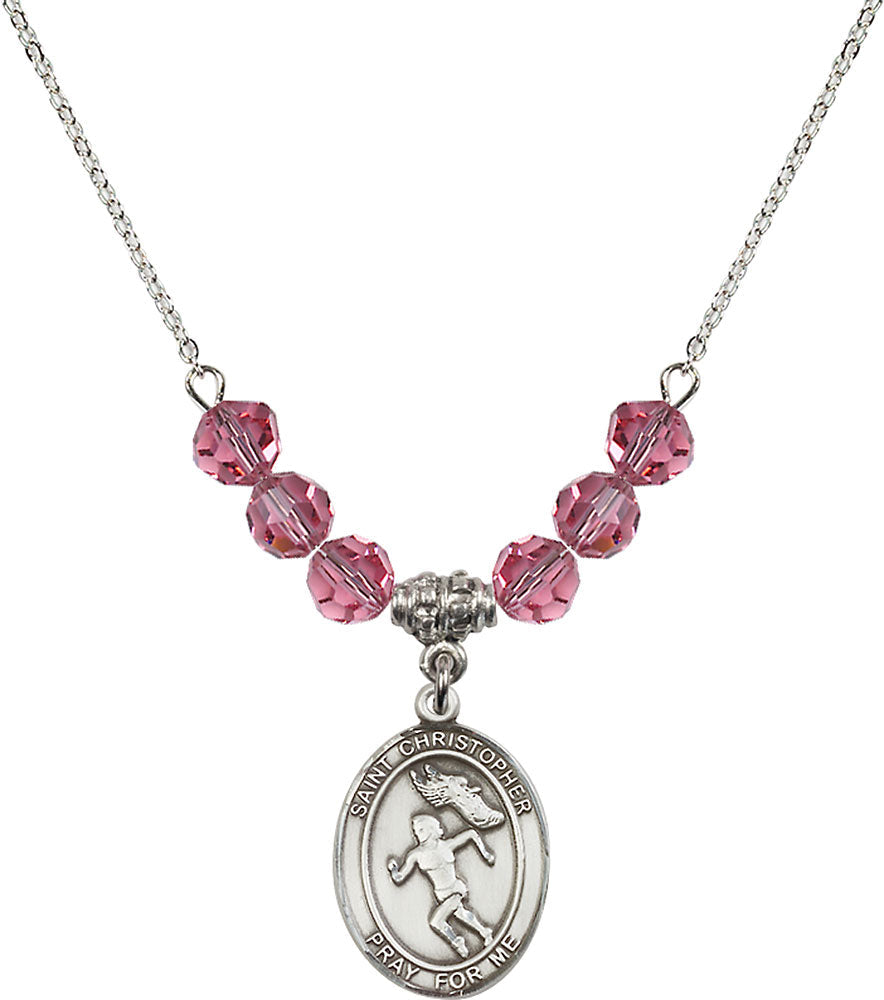 Sterling Silver Saint Christopher/Track&Field-Women Birthstone Necklace with Rose Beads - 8510