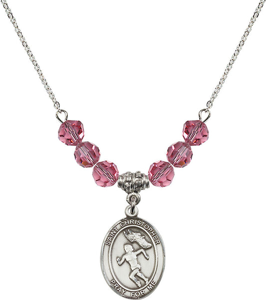 Sterling Silver Saint Christopher/Track&Field-Women Birthstone Necklace with Rose Beads - 8510