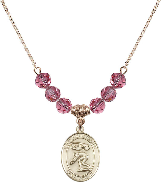 14kt Gold Filled Saint Christopher/Swimming Birthstone Necklace with Rose Beads - 8511