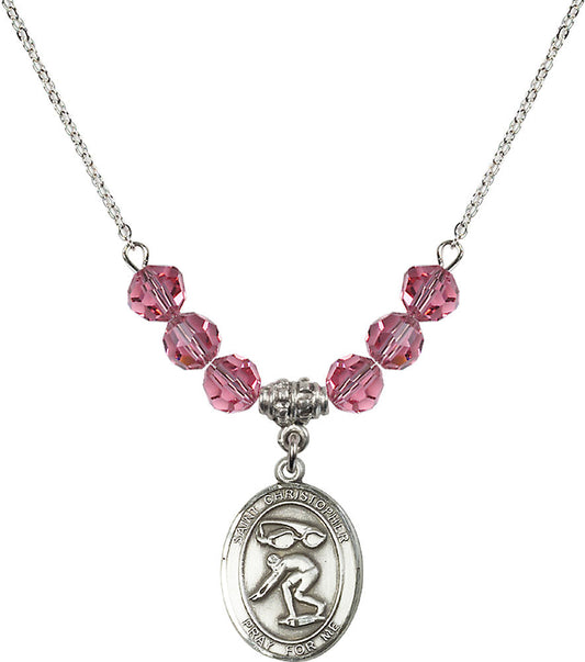 Sterling Silver Saint Christopher/Swimming Birthstone Necklace with Rose Beads - 8511