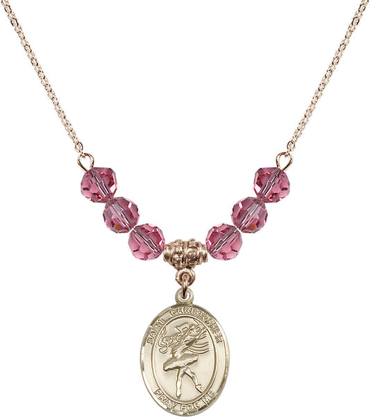 14kt Gold Filled Saint Christopher/Dance Birthstone Necklace with Rose Beads - 8512