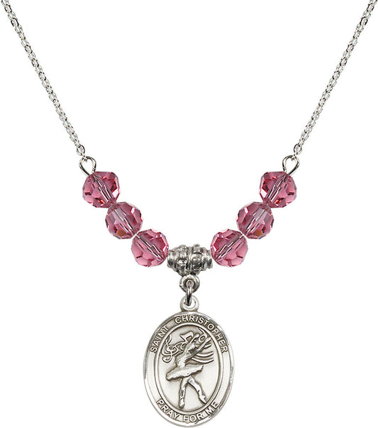 Sterling Silver Saint Christopher/Dance Birthstone Necklace with Rose Beads - 8512