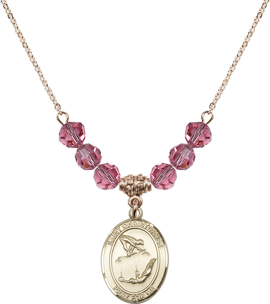 14kt Gold Filled Saint Christopher/Gymnastics Birthstone Necklace with Rose Beads - 8513