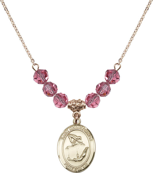 14kt Gold Filled Saint Christopher/Gymnastics Birthstone Necklace with Rose Beads - 8513