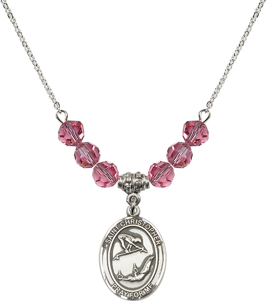 Sterling Silver Saint Christopher/Gymnastics Birthstone Necklace with Rose Beads - 8513