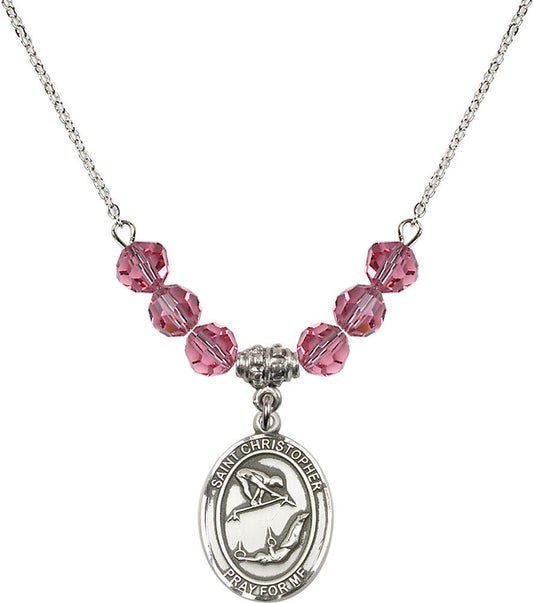 Sterling Silver Saint Christopher/Gymnastics Birthstone Necklace with Rose Beads - 8513