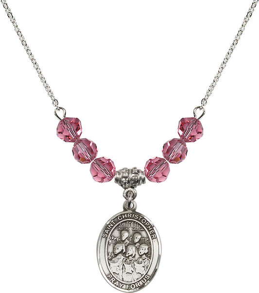 Sterling Silver Saint Christopher / Choir Birthstone Necklace with Rose Beads - 8514