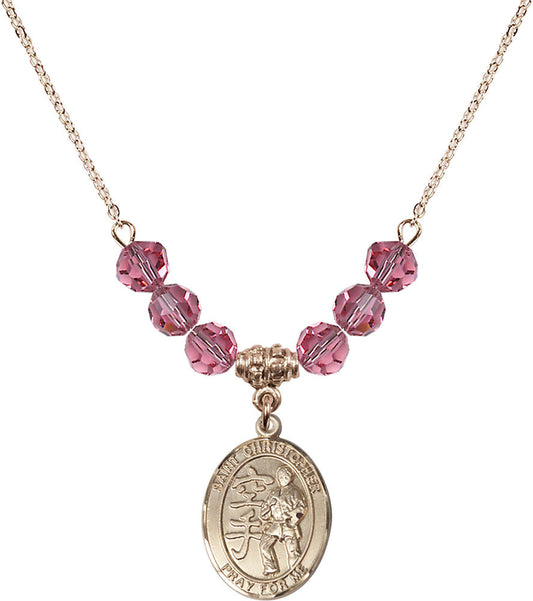 14kt Gold Filled Saint Christopher / Karate Birthstone Necklace with Rose Beads - 8515