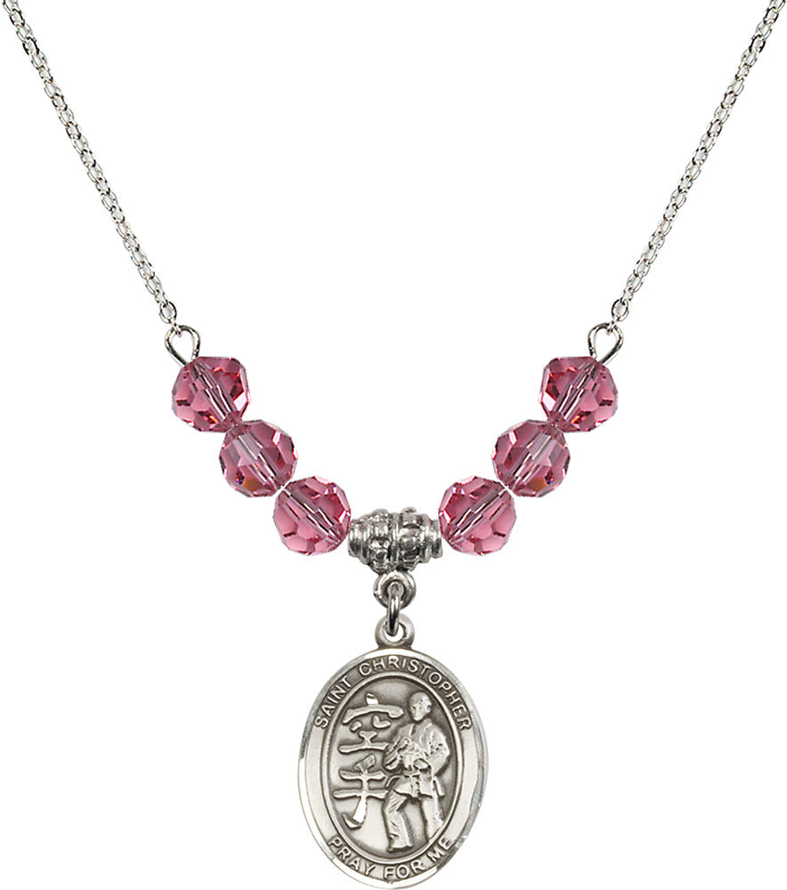 Sterling Silver Saint Christopher / Karate Birthstone Necklace with Rose Beads - 8515