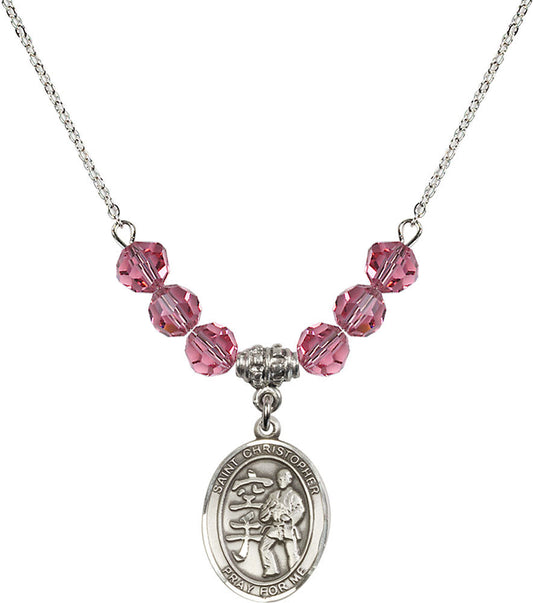 Sterling Silver Saint Christopher / Karate Birthstone Necklace with Rose Beads - 8515