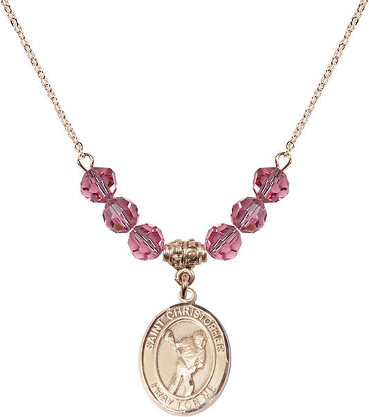 14kt Gold Filled Saint Christopher/Lacrosse Birthstone Necklace with Rose Beads - 8516