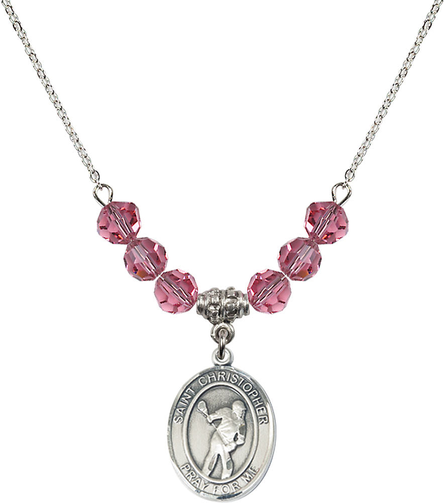 Sterling Silver Saint Christopher/Lacrosse Birthstone Necklace with Rose Beads - 8516