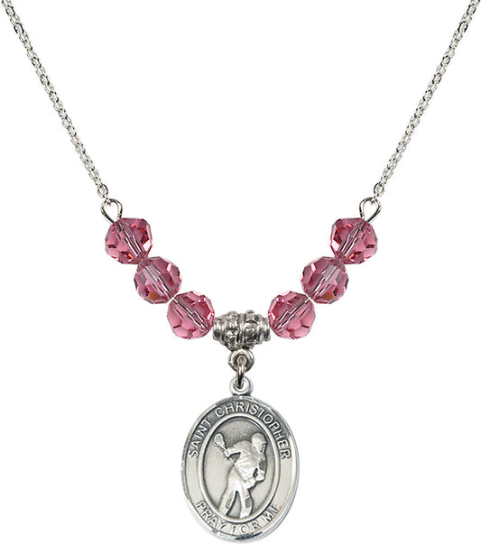 Sterling Silver Saint Christopher/Lacrosse Birthstone Necklace with Rose Beads - 8516