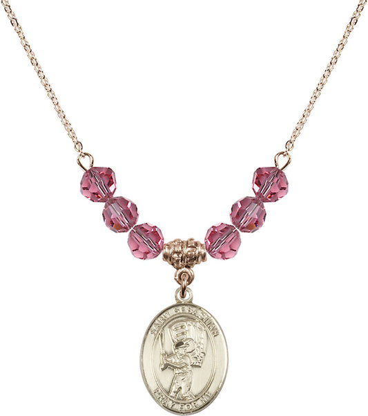 14kt Gold Filled Saint Sebastian / Baseball Birthstone Necklace with Rose Beads - 8600