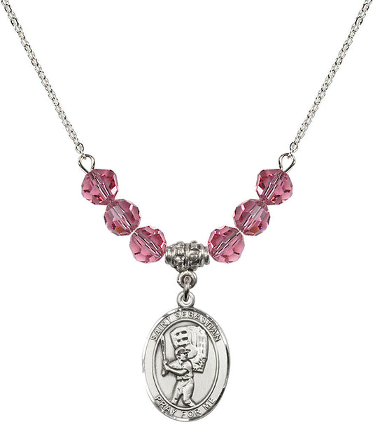 Sterling Silver Saint Sebastian / Baseball Birthstone Necklace with Rose Beads - 8600