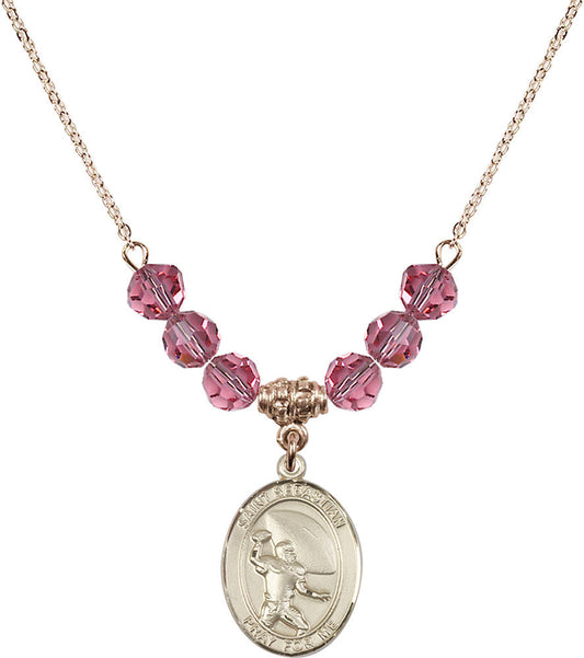 14kt Gold Filled Saint Sebastian / Football Birthstone Necklace with Rose Beads - 8601