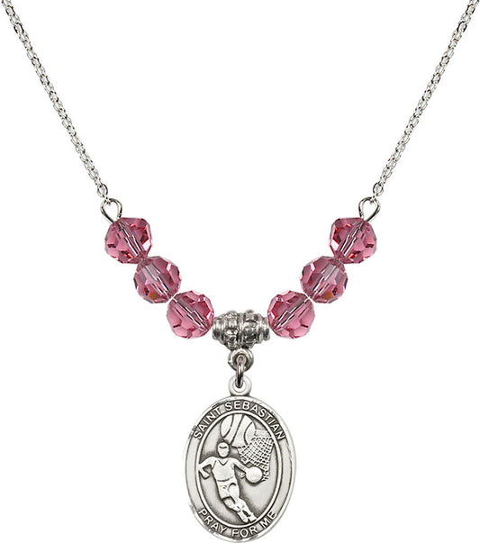 Sterling Silver Saint Sebastian/Basketball Birthstone Necklace with Rose Beads - 8602