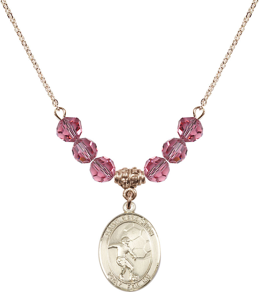 14kt Gold Filled Saint Sebastian / Soccer Birthstone Necklace with Rose Beads - 8603