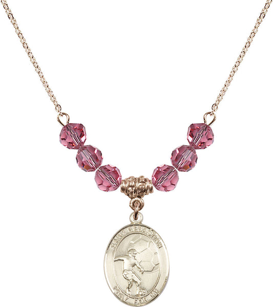 14kt Gold Filled Saint Sebastian / Soccer Birthstone Necklace with Rose Beads - 8603