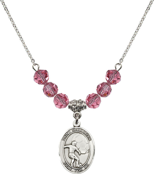 Sterling Silver Saint Sebastian / Soccer Birthstone Necklace with Rose Beads - 8603