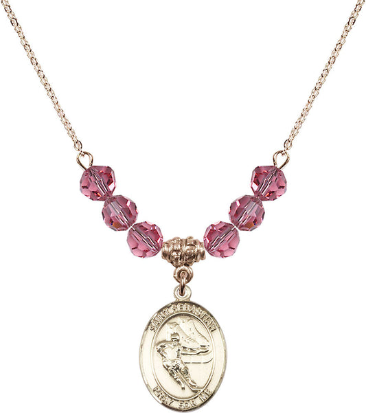 14kt Gold Filled Saint Sebastian / Hockey Birthstone Necklace with Rose Beads - 8604