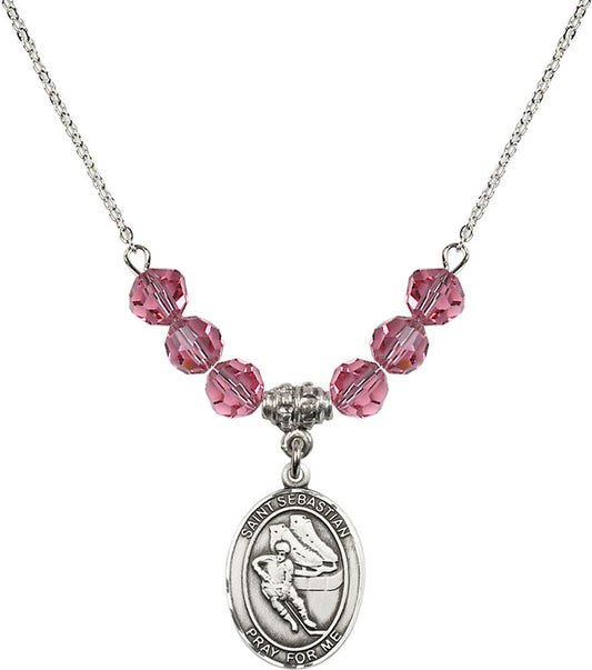 Sterling Silver Saint Sebastian / Hockey Birthstone Necklace with Rose Beads - 8604