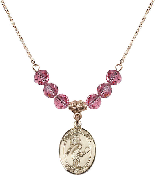 14kt Gold Filled Saint Sebastian / Tennis Birthstone Necklace with Rose Beads - 8605