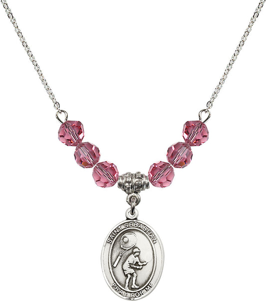 Sterling Silver Saint Sebastian / Tennis Birthstone Necklace with Rose Beads - 8605