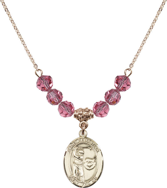 14kt Gold Filled Saint Sebastian / Golf Birthstone Necklace with Rose Beads - 8606