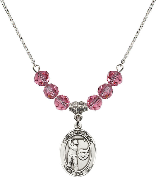 Sterling Silver Saint Sebastian / Golf Birthstone Necklace with Rose Beads - 8606