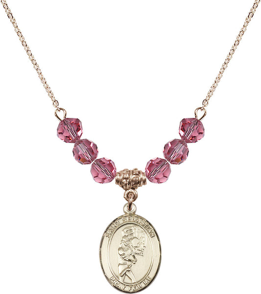 14kt Gold Filled Saint Sebastian/Softball Birthstone Necklace with Rose Beads - 8607