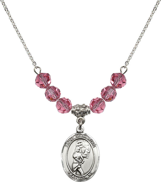 Sterling Silver Saint Sebastian/Softball Birthstone Necklace with Rose Beads - 8607